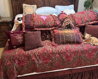 King size bed and mattress with boxspring and custom bedding and linens