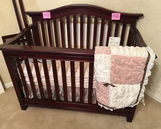 Cherrywood, baby bed turns into a toddler bed and baby bedding And mattress