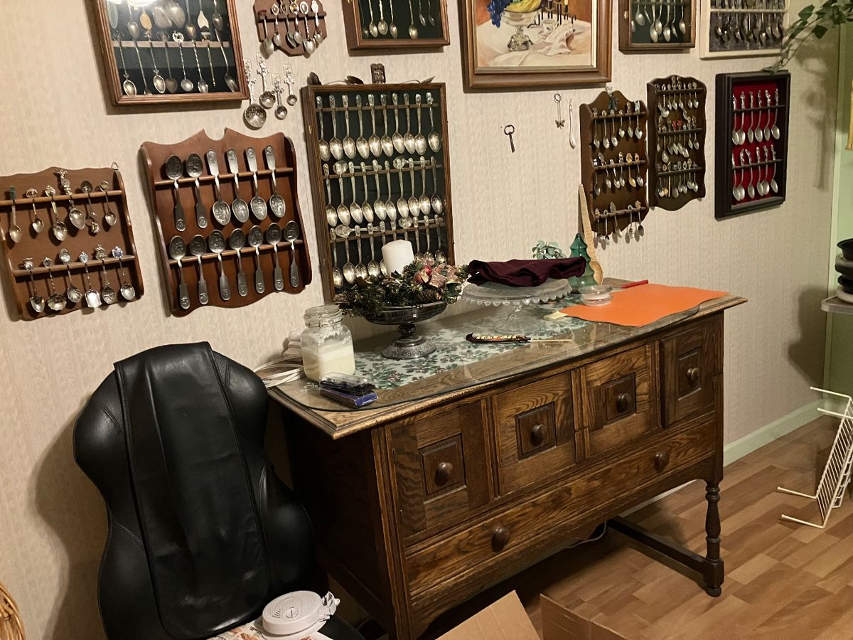 Large spoon collection and old chest 