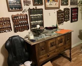 Large spoon collection and old chest 