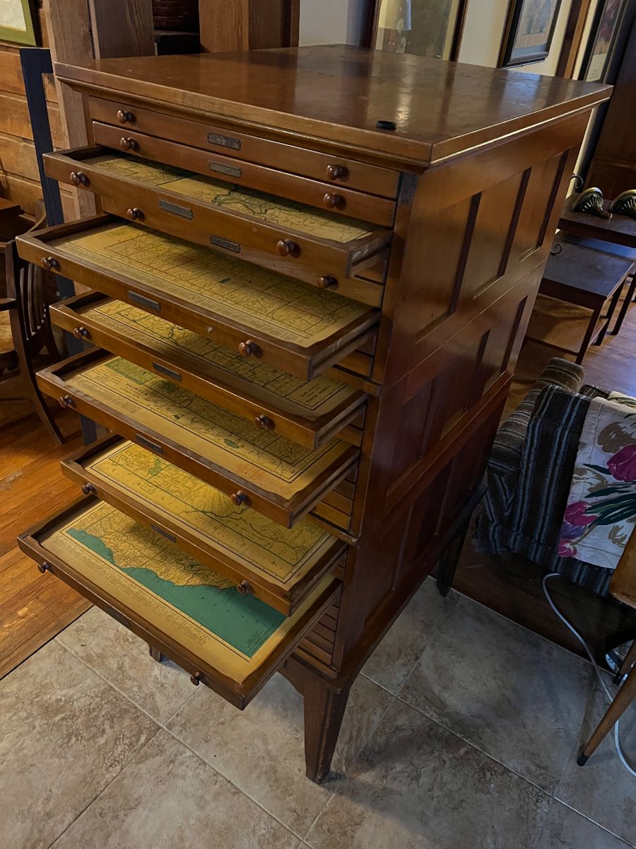 Map cabinet with state railroad maps