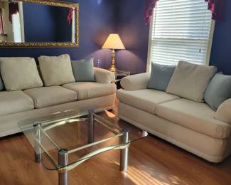 Sofa $50, Loveseat $40, MCM Glass coffee $35 and end table