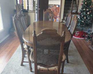 MCM DINING TABLE AND CANE BACK CHAIRS, THOMASVILLE CHINA CABINET AND BUFFET