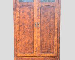 Fantastic Arts & Crafts Style Burlwood Finish Cabinet with Leaded glass Paned Window Detail with 2 Doors, 1 Drawer and Interior Shelves - May be used as a Bar or for Extra Storage
