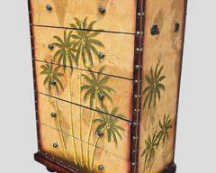 Vintage Decorative Faux Leather Chest with Map and Palm Tree Motif 6 Drawers
