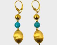 Fine Italian Gilt Sterling Silver & Turquoise Pierced Drop Dangle Earrings
