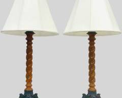 Pair Vintage Decorative Twisted Wood Column Table Lamps w/Shades
