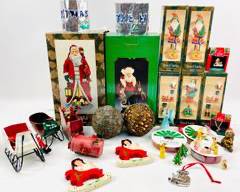 Vintage Assorted Pencil Santa, Keepsake Ornaments, Large Figural Santa, Feather Sphere Ornaments, Large Metal Hand Painted Ornaments And More
