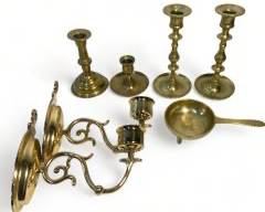 Vintage Decorative Brass Lot - 2 Wall Sconces, 4 Candle Sticks, and Reproduction Old Bullet Mold Ladel
