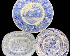 3 Antique Blue and White Iron Stone Transferware Dishes - Ridgway, Depose, and Monticello
