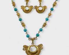 Tesoro Precolombian Repro Gold Plated Turquoise Filigree Statement 18 Inch Necklace w/Matching Pierced Earrings
