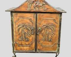 Small Pressed Metal 2-Door Tropical inspired Wall hanging or stand alone low Cabinet with Palm Trees camels
