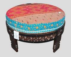 POTTERY BARN Kantha Poof Ottoman Carved Wood Hippie Boho Patchwork Cushion
