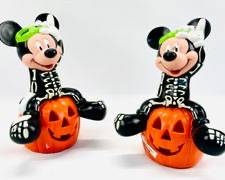1999 Paper Magic Disney Mickey Mouse Skeleton Pair Sitting on Light Up Pumpkin 10"

