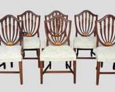 Six 20th C Lovely Inlaid Wood Shield Back Dining Chairs
