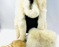 NAN DUSKIN Philadelphia Glamorous Vintage Fur Stole (Possibly Ermine) with Four Tails, Vintage Satin-Backed Fur Muff with Zippered Pocket, Vintage Fur Collar, 1 Unattached Fur Sleeve
