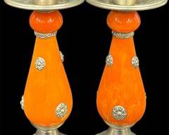 Vintage Moroccan Pewter and Bakelite Orange Pair of Candle Stick Holders

