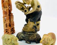 Vintage Soapstone Figurines Lot, Elephants, Asian Men Holding Fish And More. Need repairs
