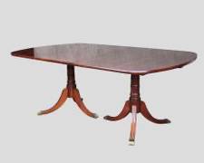 20th C Duncan Phyfe Style Solid Wood Double Pedestal Dining Table Brass Feet Two Extension Leaves
