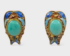 Fine Gilt Silver Enamel & Turquoise Pierced Earrings

