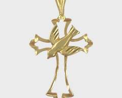 Fine 14K Yellow Gold Bright Cut Bird Cross Crucifix Pendant
