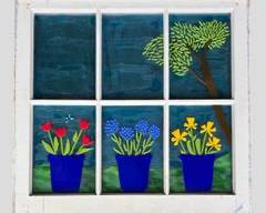 Unique Stained Glass Mosaic Window Art with Flowers and Tree
