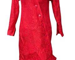 Vintage GALANOS Red Satin Brocade Asymmetric Coat Dress with Ruffle Hem
