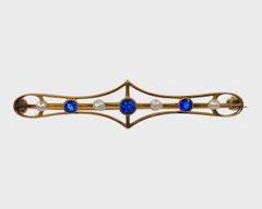 Fine Victorian 10K Yellow Gold Blue Gemstone & Pearl Bar Pin
