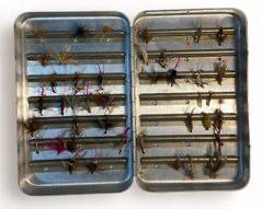 35+ Fly Fishing Flies in Metal Perrine Container
