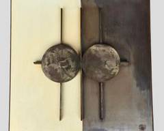 Mel Signed Mixed Media Painting with Mounted Abstract Steel on Wood Industrial Mid Century Modern MCM
