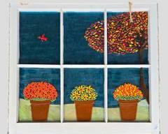 Unique Stained Glass Mosaic Window Art with Flowers and Tree
