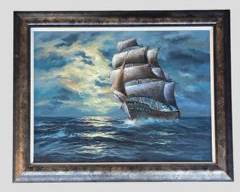 J. KNECHT Oil Painting on Canvas Clipper Ship on Sea Framed
