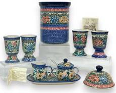 9pc Vintage Artistic Ceramics Polish Pottery Vase, Cups, Creamer, Sugar Bowl, and Lid Lot w/Certificates of Authenticity
