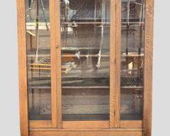 Antique Golden Oak Glass Front Cabinet with Wood Shelves one door
