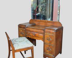 Fantastic Vintage Art Deco Inlaid Wood Vanity, Mirror and Bench MCM Mid Century Modern
