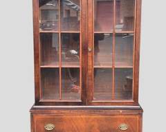 75" H Lovely 20th C Inlaid Flame Mahogany Wood China Cabinet 12 Light 2 Drawers Ornate Cornice Great Form Brass Pulls
