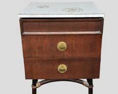 Asian Mid Century Modern MCM 3 Drawer Side Table Formica Top Bamboo Rattan Base Possibly Ficks & Reed
