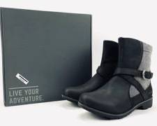 NIB Eddie Bauer Women's Covey 2.0 Moto Boots. Black Leather With Tweed Detail. Size 9.5. New In Box.
