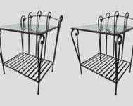 Fancy Pair Vintage Iron Glass Top Tables Scrolled Backs
