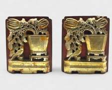Vintage Asian Style Borghese Pair Hollywood Regency Style Gold Gilt Urn with Flowers & Birds Bookends
