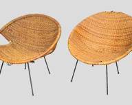 2 Vintage Mid Century Modern MCM Jacques Adnet style Wicker and Iron base hoop chairs

