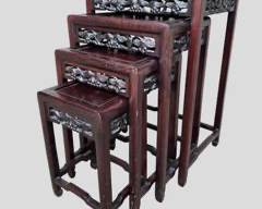 Lovely 20th C Asian Hand Carved Rose Wood Nesting Stacking Tables
