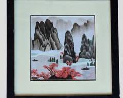 Vintage Asian Silk Embroidered Landscape Textile Framed
