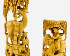 Vintage Hand-Carved Wood Sculptures Featuring Deer, Elephant, And Lion Scenes
