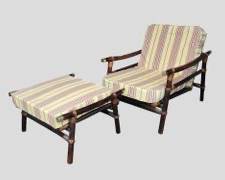 Vintage Ficks Reed Co. MILLER & RHOADS Vintage Asian Style Bamboo Rattan Lounge Chair and Rattan Ottoman With Cushion
