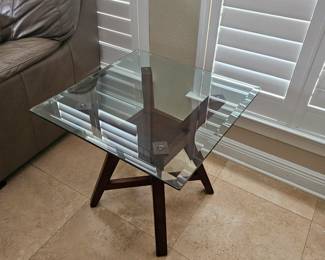 solid wood end table with glass top