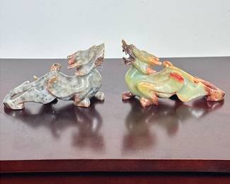 (2pc) PAIR CARVED JADE DRAGONS | Pair of carved jade dragon figurines. - h. 5 x w. 2 x l. 7 in