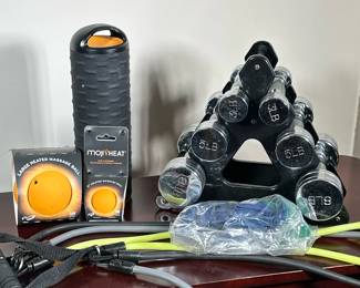 EXERCISE EQUIPMENT | Including: dumbbell rack with 3lbs, 5lbs, and 8 lbs dumbbells, 5 exercise bands, Moji heat roller, and 2 moji heat heated massage balls.