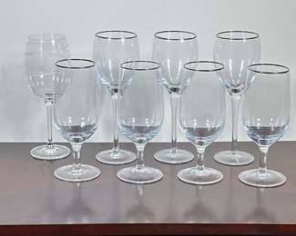 (8pc) MIKASA GLASSES | Mixed lot of Mikasa glasses including: 3 tall wine glasses, 1 wine glass, and 4 water goblets. -  h. 9.25 x dia. 3 in (largest)
