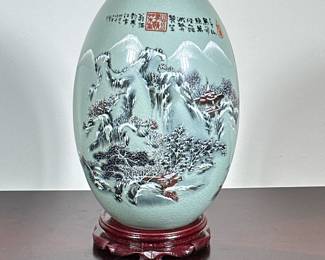 CERAMIC CHINESE EGG | Ceramic egg with cracked glaze and Chinese design. -  h. 12.5 x dia. 8 in